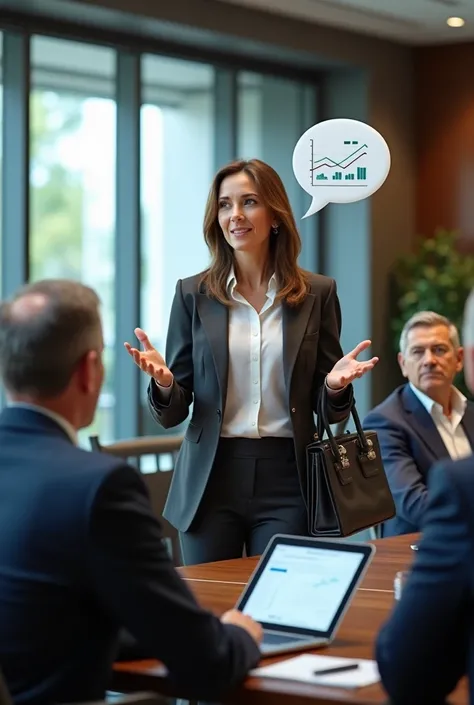 (photorealism:1.2), an woman accountant, in a conference, talking to multiple president of multiple country with a speech bubble that talks about accounting or graphs