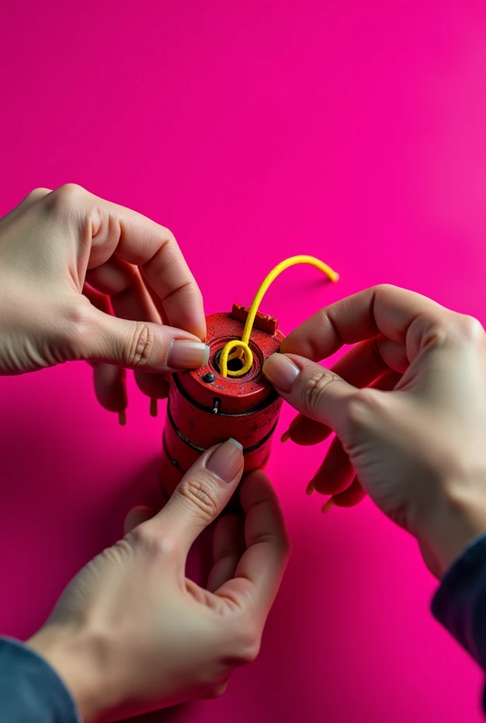 two womans hands trying to defuse an old red dynamite bombs by cutting yellow cables in magenta background + Realistic 4k hyper-detailed