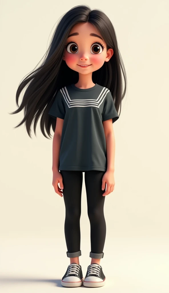 a girl  with dark hair. She is wearing a dark shirt with white stripes, black pants and grey shoes Disney Pixar