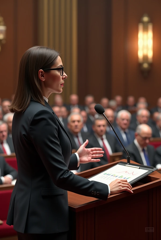 (photorealism:1.2), an woman accountant, giving a speech, with a big audience and its audience are multiple president of multiple country with a speech bubble that talks about accounting or graphs