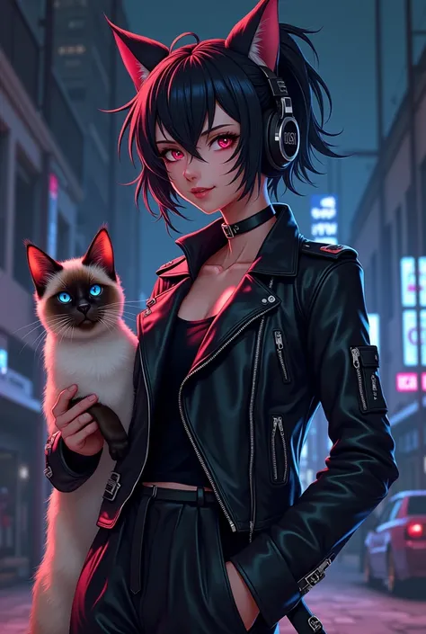  of coasts, leather jacket,big hair , wearing black headphones,with a Siamese cat,Anime drawing,dark background