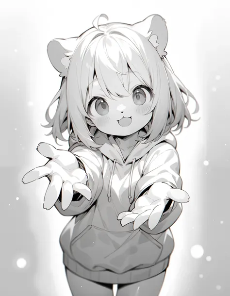 (masterpiece, best quality:1.2),((monochrome,greyscale:1.2)),furry, 1 animal, hamster, hoodie, ((cowboy shot:1.2)), solo ,1 girl, smile, ((facing viewer:1.2)), Extend one hand forward, showing the palm,outstretched arm,simple background,