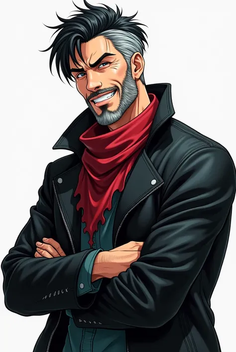  Joel Neygus is 41 years old and has aged very well ,   his hair is black with gray threads in a little mouse ,  has a beard on the ruler of the same hair color and gray .  Joel wears a black leather jacket with a red scarf around his neck, But its not a s...