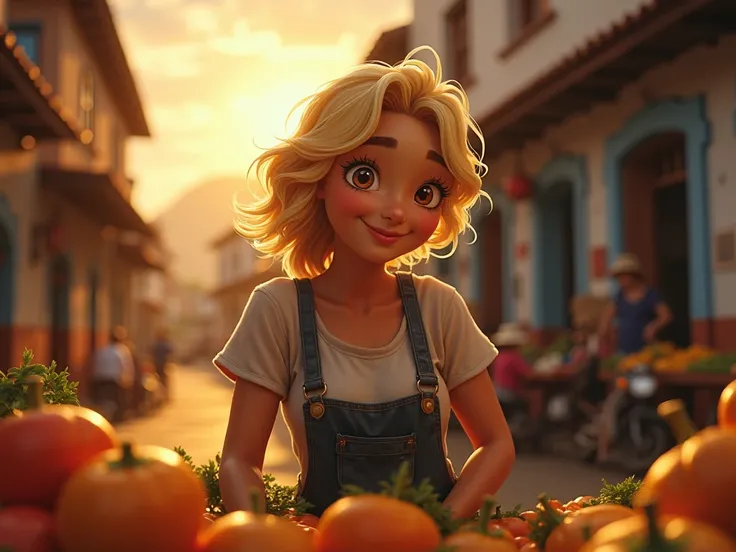 Vibrant scene of a chubby, slightly blonde young woman of indigenous descent, working tirelessly as a fruit street vendor in a small town, bathed in a soft golden light that symbolizes hope. --ar 16:9 --v 5