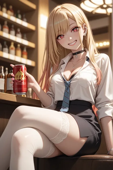 (masterpiece, best quality, highly aesthetic, ultra detailed), intricate details, 1 girl, Kitagawa Marine, sono bisque wa koi wo suru doll, blonde hair, red eyes, ear piercing, piercing bar, black choker, shirt collared, white shirt, earrings, blue tie, sm...