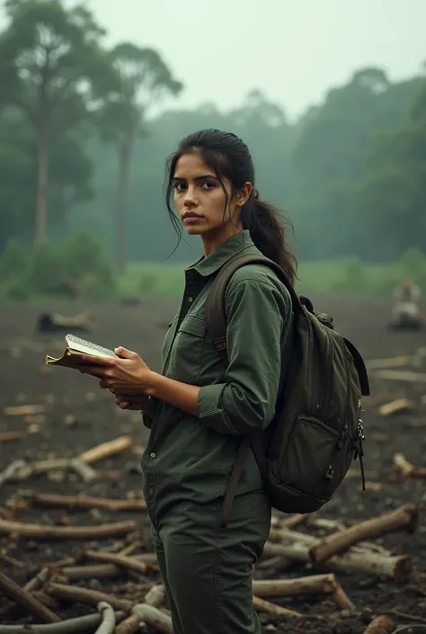 Journalist girl in Deforested area in Amazon Rainforest 