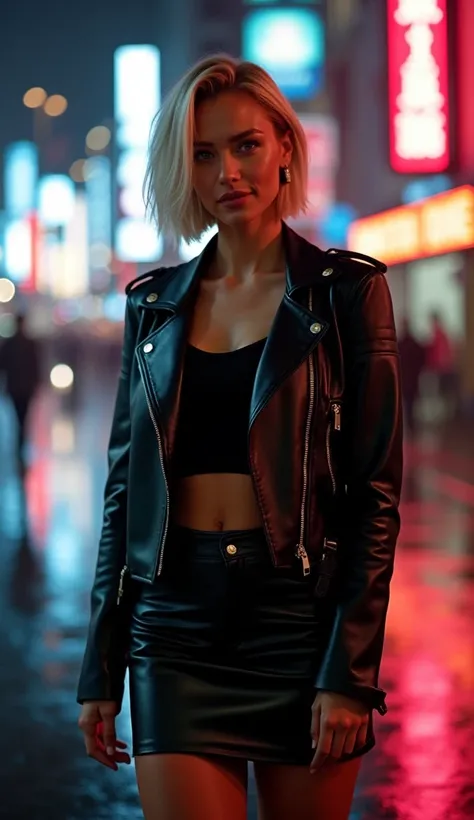 Foto hiperrealista en primer plano de Doutzen Kroes, masterpiece, best quality, (black biker jacket over black crop top:1.1), (black leather mini skirt:1.2) night street after rain, neons, cinematic light, beautiful woman, skinny,  medium breasts, blond pl...