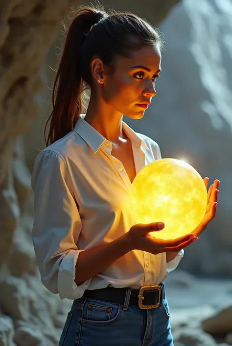  Latin woman with light brown skin , with brown hair and eyes ,  the pearl tied in a ponytail ,  dressed in a white shirt and blue jeans and a black belt .  Let the woman hold a round yellow gem in a spaceship