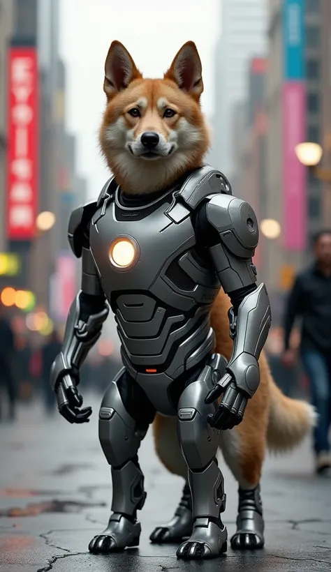 Dog with human body and Iron Man uniform, realistic image in a popular environment