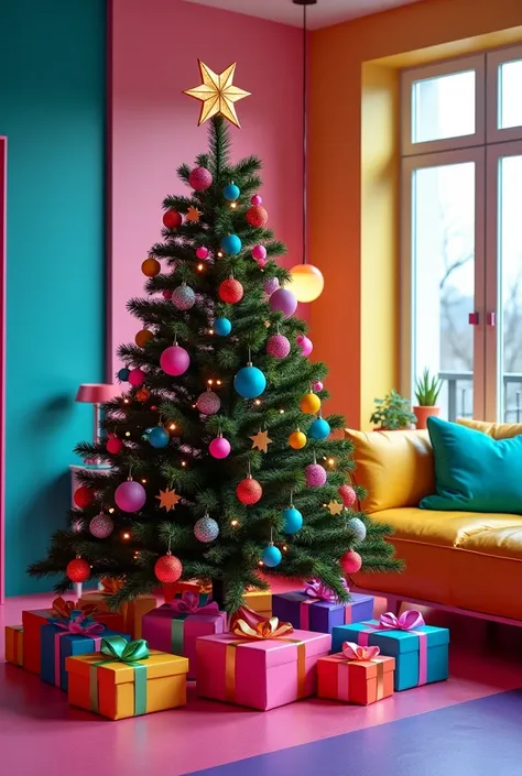 A vibrant Christmas tree decorated in a pop-art style, with bright and bold ornaments and a shiny star at its top. The tree is placed in the living room of a sleek and modern apartment featuring avant-garde design. The furniture is made of colorful plastic...