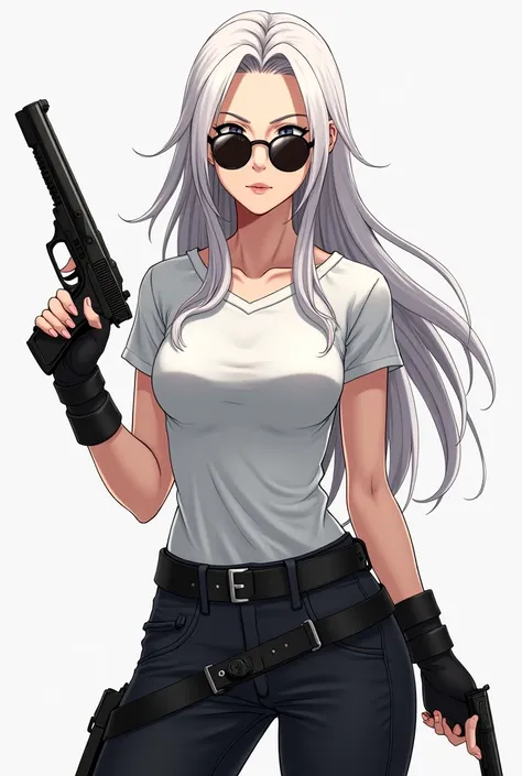 Une femme aux cheveux longs blanc et des yeux gris, portant un débardeur crop top blanc et un pantalon noir, des petites lunettes ronde noir, elle a deux pistolets accroché à ses jambes, style anime.