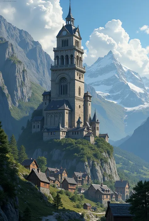 On a high mountain, among small houses, there is a very tall building 