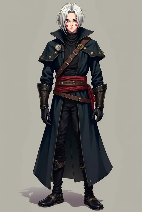 Young assassin , with 1,60 tall. He is slender,  he wears medieval stealth clothes based on fantasy role-playing games , Does your face have stitching thread marks in the shape of "x" on the face.  His hair hits the shoulder and has a white color . Seus ol...