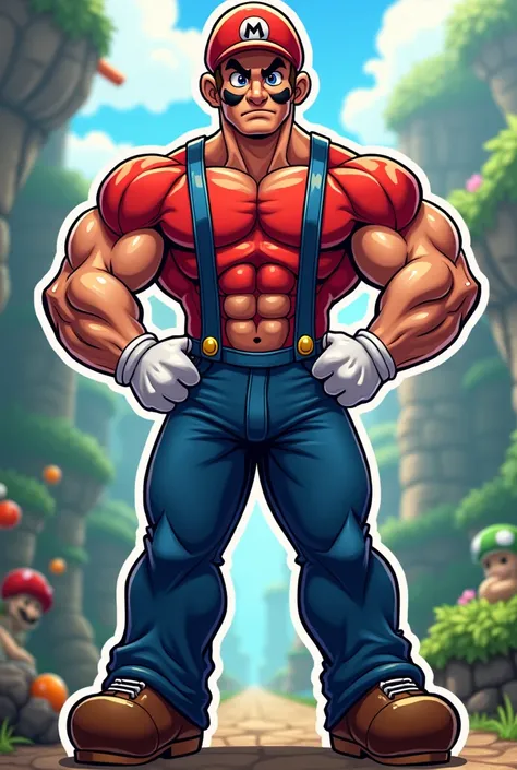 Brazilian Super Mario showing biceps camera with blurred background with elements from the games maps. Outline the drawing as if it were a sticker.