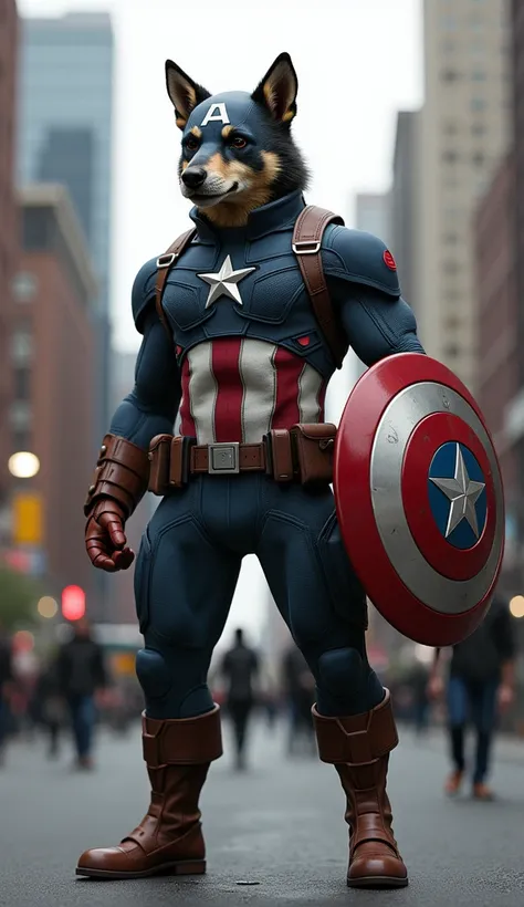 Dog with a human body and wearing the Captain America uniform, realistic image in a popular environment