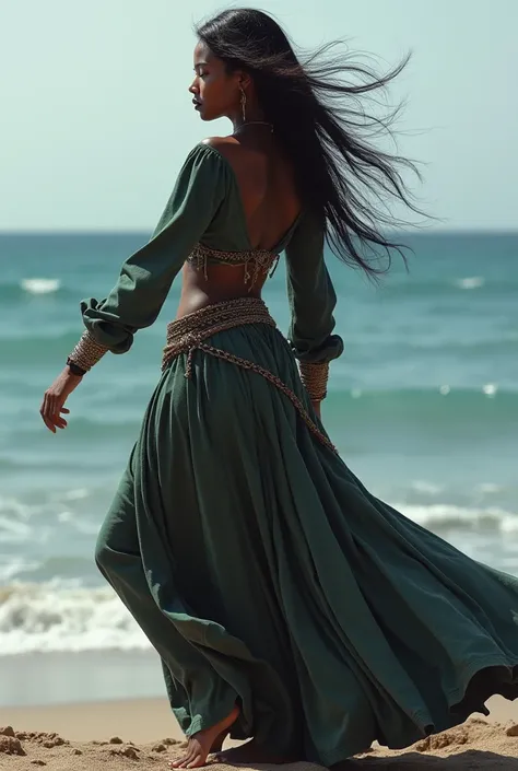 Dancing girl, dark skin, medieval fair, perfect body, ocean