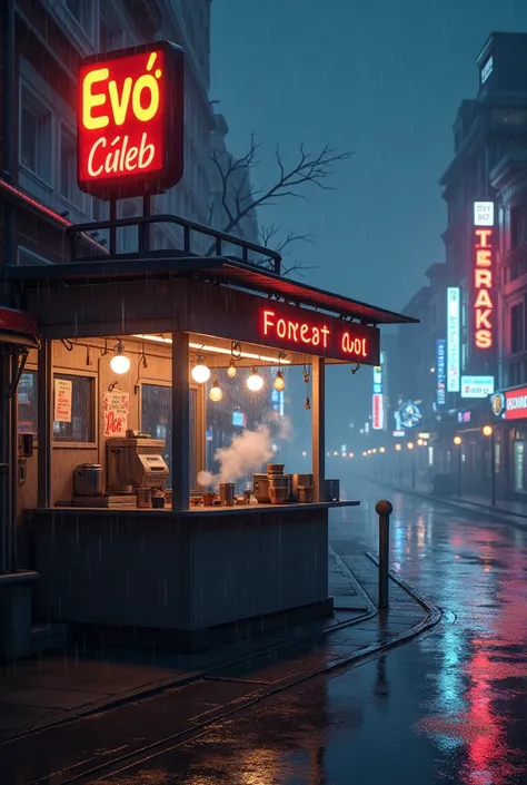  A rainy night stands coffee in a coffee pot on the street in the background a beautiful night city, There are evos and similar fastfood stores  