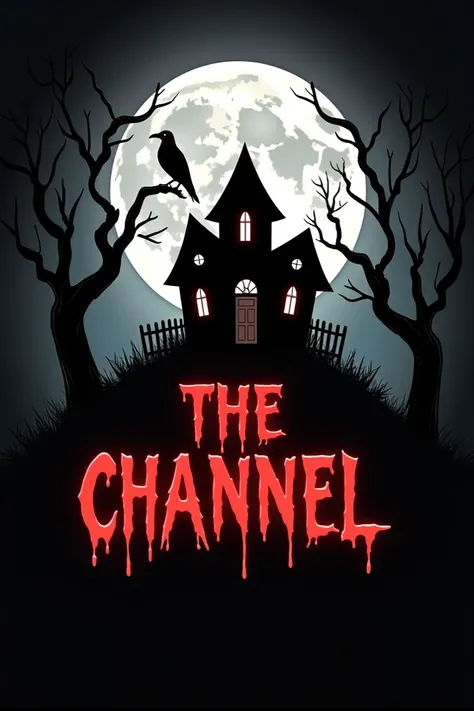 
"A dark and eerie logo featuring a glowing full moon behind a haunted house silhouette, with creepy, twisted trees in the foreground. A raven perched on one of the tree branches, and the channel name written in spooky, glowing, blood-red letters, blending...