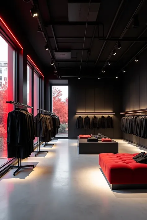 Create a fax of a clothing store with a modern design in the black color palette,  red and white 