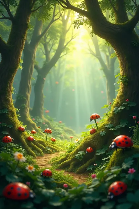 Create high-quality image of enchanted forest with few ladybugs