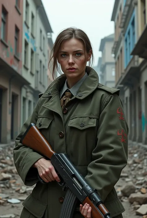 Soviet Russian woman with a coat and an AK-47 in an abandoned city 