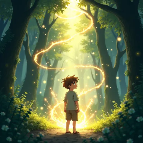  in the forest you can see shadows and bright lights that come out magic shiny gold magic, As the boy looks inward with an expression of amazement .  anime style 