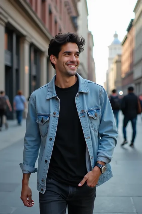 Create a 27-year-old man , Joe Goldberg,  with short wavy black hair ,  dark brown eyes,  wearing a black shirt and a light blue jacket over the top , black jeans , black sneakers visible on the ground , he is walking around the city in motion  ,  smiling ...