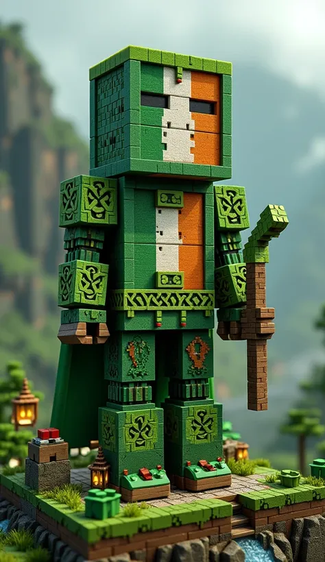 **Create a hyper-realistic Minecraft-style mini craft character inspired by Ireland, blending the blocky design with detailed textures that reflect its lush landscapes, Celtic heritage, and history.**  

The torso features a pixelated Irish flag, with its ...