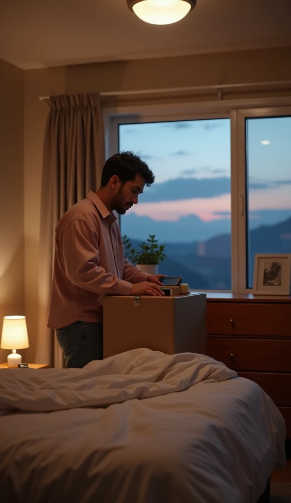 The narrator unpacking their belongings in a guest bedroom, with a neatly made bed and a wooden dresser in the background. The window reveals a dimming sky, indicating twilight. A personal touch is added with a photo frame and a small lamp on the dresser. ...