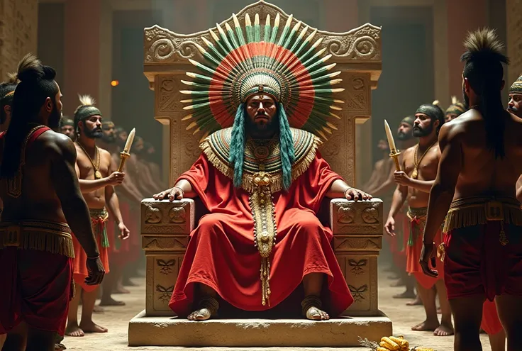 Moctezuma Xocoyotzin is sitting on a stone throne decorated with engravings and gold details, inside the Templo Mayor. His dark skin and imposing face, with jade and obsidian inlays decorating his forehead and cheeks, reflect his power. He wears a headdres...