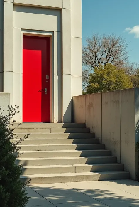 a set of stairs leading up to a door in a building with a red door on the side of it, Cindy Sherman, institutional critique, deep 3 point perspective, a photo