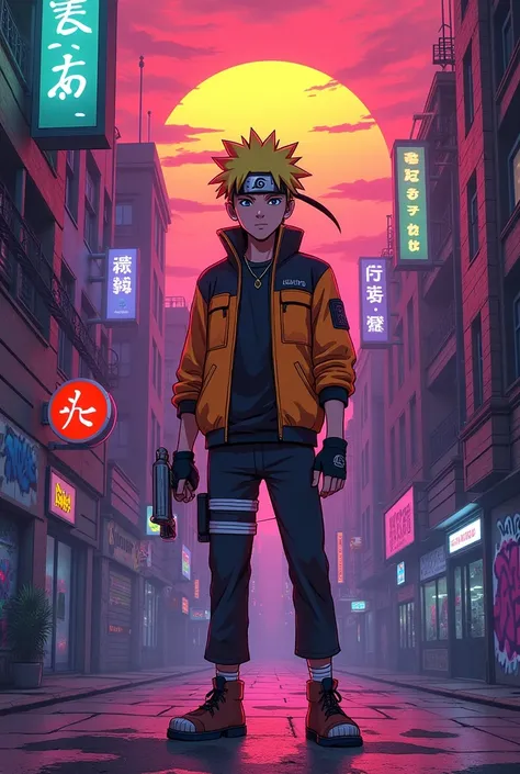 Here’s a prompt inspired by the idea of Naruto reimagined in the 1980s:

Prompt: A teenage ninja in the 1980s retro style, wearing a bright, neon-colored jacket with a headband featuring a scratched metallic emblem. His spiky hair is styled in a messy, pun...