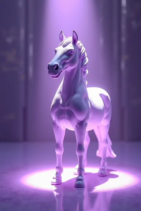 A small horse statue, fantastically preserved, under a holy light bearing a light purple color, the statue has high-realistic details