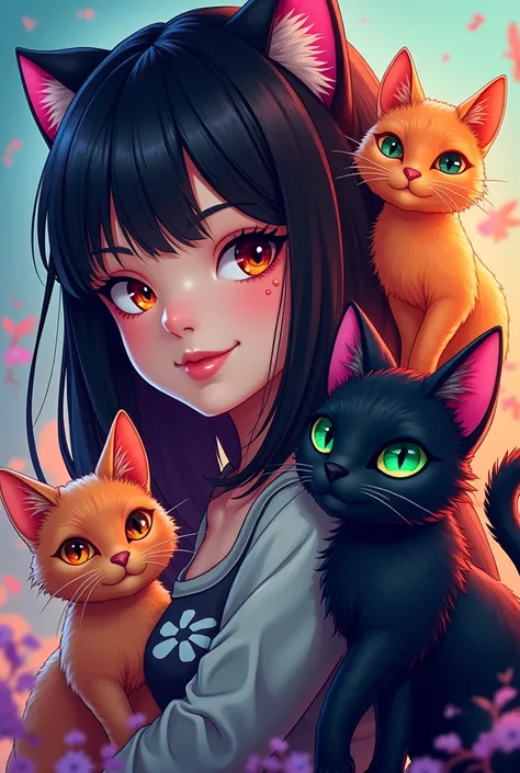 Logo for channel with light-skinned gamer girl , straight black hair , slanted eyes,  with a mole on her jaw and thick lips with an orange cat on the right side that has orange eyes and another black cat and that the black cat is hairy with green eyes and ...