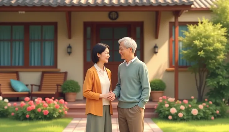 make a picture of two married couples chatting in front of the house with smiles, Asian faces

