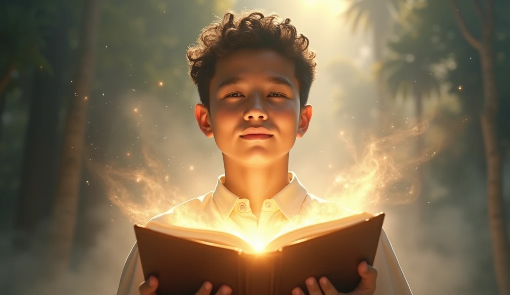 A beautiful boy without flaws, holding a book from which light comes out. He looks up and is very comfortable with a spiritual atmosphere, high precision