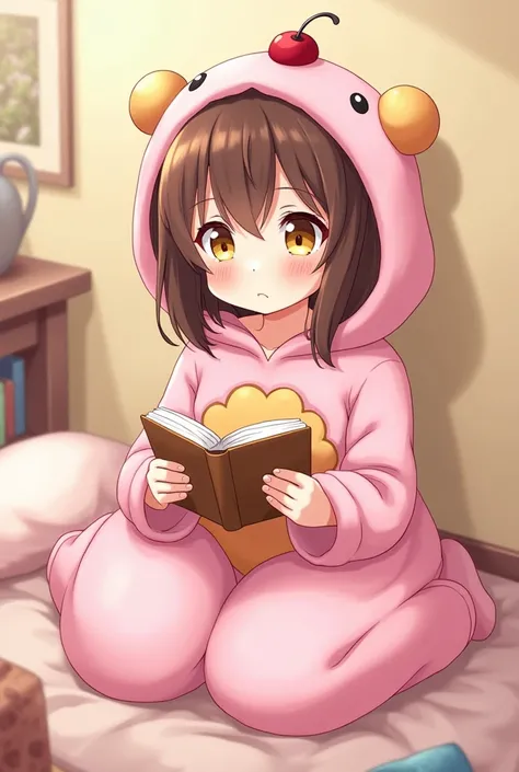 
Teen anime girl, Shoulder-length brown hair,  Yellow Eyes , pink muffin costume, sitting reading 
