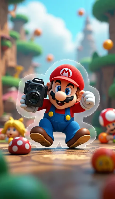  Super Mario camera with a blurred background with elements from the games maps, all characters must be in the generated image .  3D Elements , 4D cinema style , Rich in detail 4k reality. Outline the drawing as if it were a sticker. Blueprint in its conto...