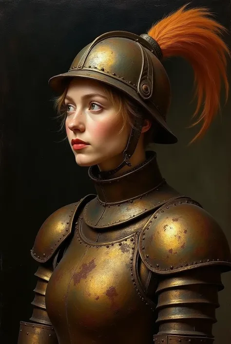 masterpiece, baroque,  high contrast, realism, dark background,  reminiscence of the painting style, a woman in rusty metal armor and a metal helmet with a feather,  hair very bright ,  lots of details, old painting style , baroque,  oil painting , warm to...