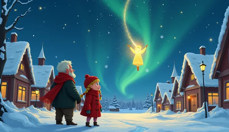 Astrid and Grandpa Erik stand together in the snowy village square at night, waving goodbye to Stella. The glowing star shines brightly, rising into the starry sky and leaving a golden sparkling trail behind. Astrid, with her red scarf, red winter cap and ...