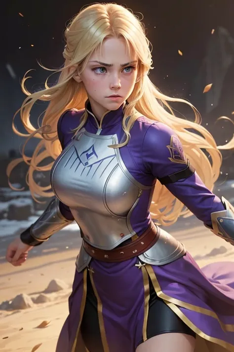 One 18 year old girl, Blonde hair, purple-blue eyes, similar to her twin brother Connor. She has a strong, athletic build, reflecting his royal heritage and combat training. Her facial features are sharp and defined, often carrying a serious, determined ex...