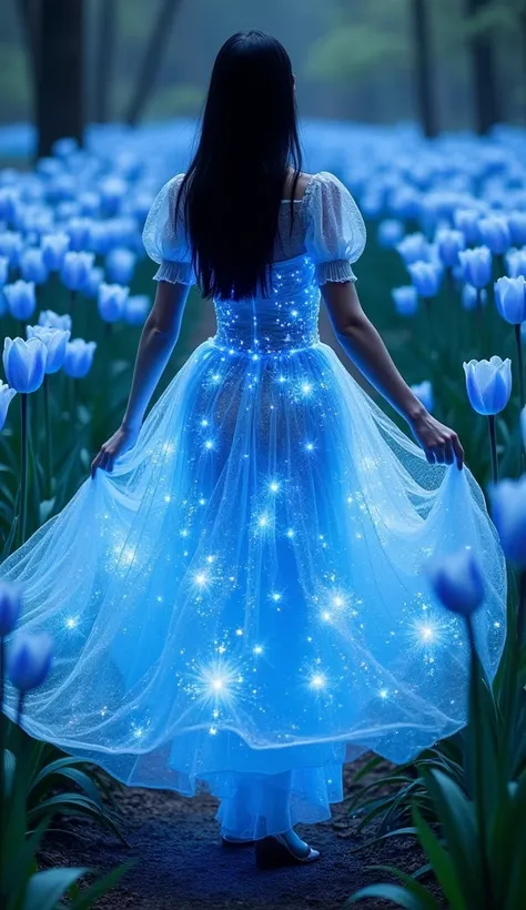 This image shows another breathtaking dress lit up with blue lights that give the princess a stunning, almost magical look. The dress features a voluminous skirt in a sheer fabric embellished with bright light details that look like constellations or stars...