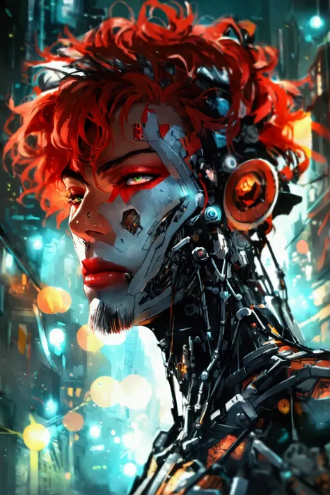 Reckless 25-year-old human man with dark skin,  mid-length red hair , yeux roses, light red beard,cybernetic right arm (only) Plan Large,  High Resolution, corpulence normal, jovial,

