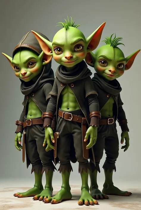 I need a picture of three young goblins, with green skin and pointy elf-like ears, with black clothes. The three must have a "rogue-like" look on their faces