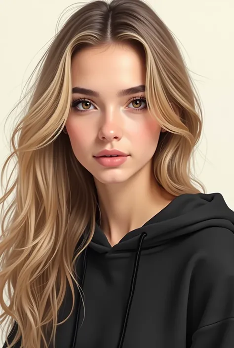  BLONDE WOMAN, neck-length hair 
And brown eyes ,  shes wearing a black sweatshirt and a hoodie and its a drawing. most beautiful