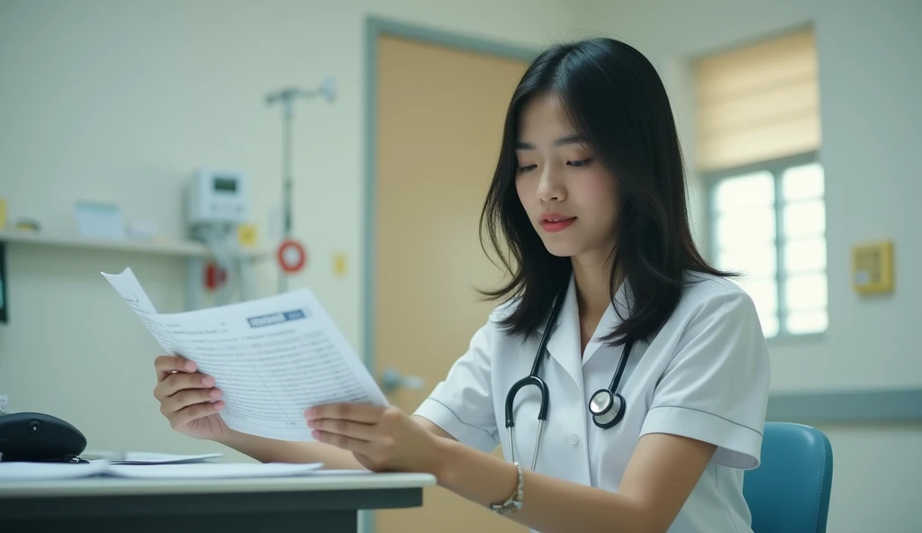 An ultra-realistic image of Ayu, a 25-year-old Indonesian nurse, sitting at a small desk in the hospital’s maternity ward, reviewing patient charts. She is wearing a crisp white uniform, with a name tag clipped to her chest and a stethoscope draped around ...