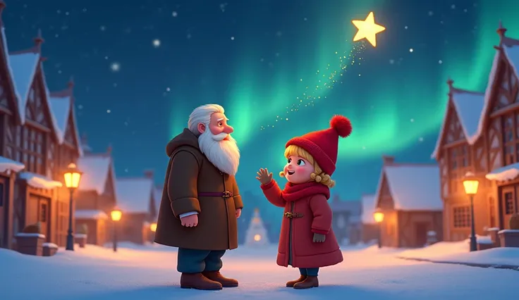 Astrid and Grandpa Erik stand together in the snowy village square at night, waving goodbye to Stella. The glowing star shines brightly, rising into the starry sky and leaving a golden sparkling trail behind. Astrid, with her red scarf, red winter cap and ...