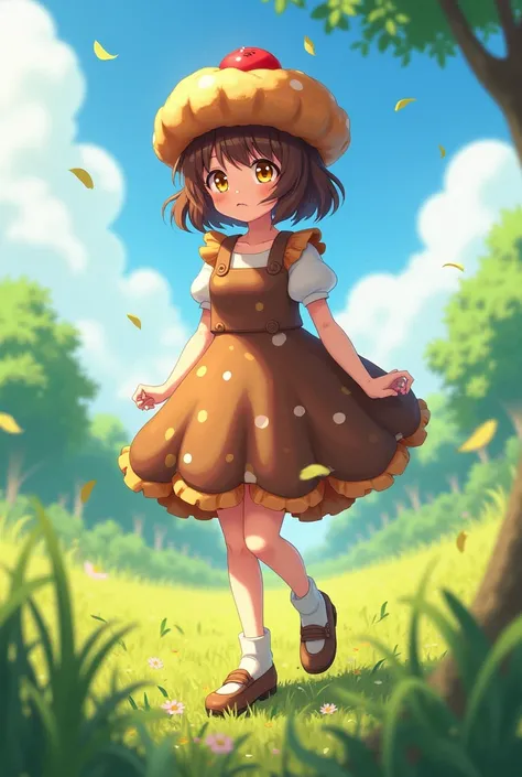 
Teen anime girl, Shoulder-length brown hair,  Yellow Eyes ,  coffee muffin costume, Walking in a field  