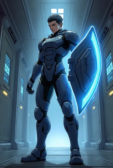  anime style . Soldier wearing mass effect , with an energy shield in front of you,  in a room of a ship .