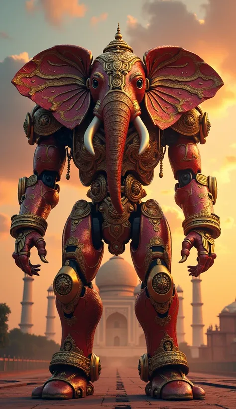 A majestic gold and red mecha, elephant-like head, adorned with intricate paisley patterns and jewelry, standing near the Taj Mahal under a vibrant evening sky, highly detailed, 8k resolution, photorealistic, cinematic lighting, artstation, Greg Rutkowski